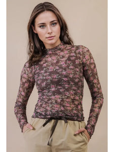 Lace Lover Sheer Top-Choc Floral