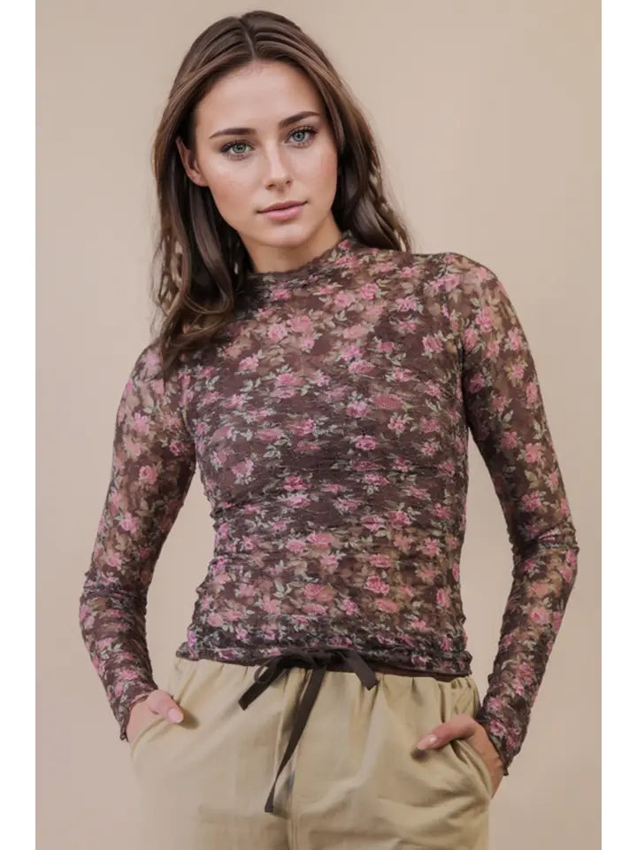 Lace Lover Sheer Top-Choc Floral