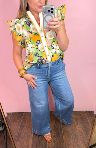 Marigold Florals Flutter Sleeve Top