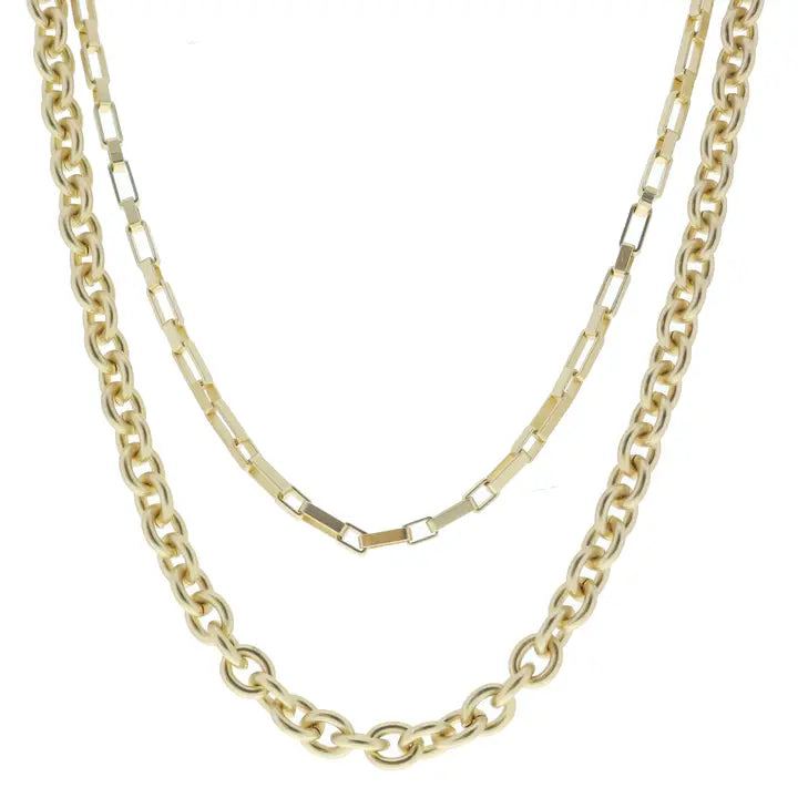 Gold Cable Box Layer Necklace