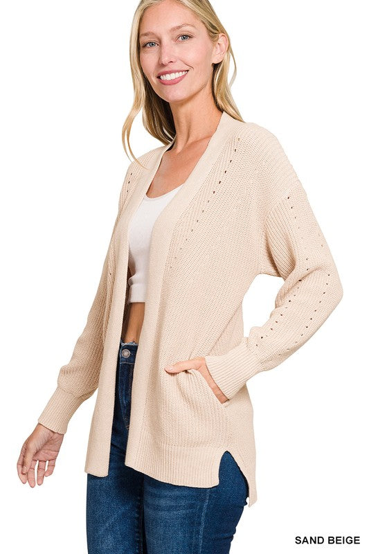 Beige Eyelet Open Cardigan