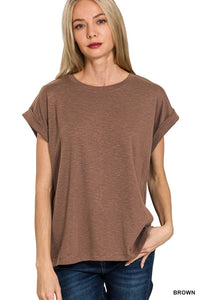 Rolled Sleeve Basic Tee-Brown