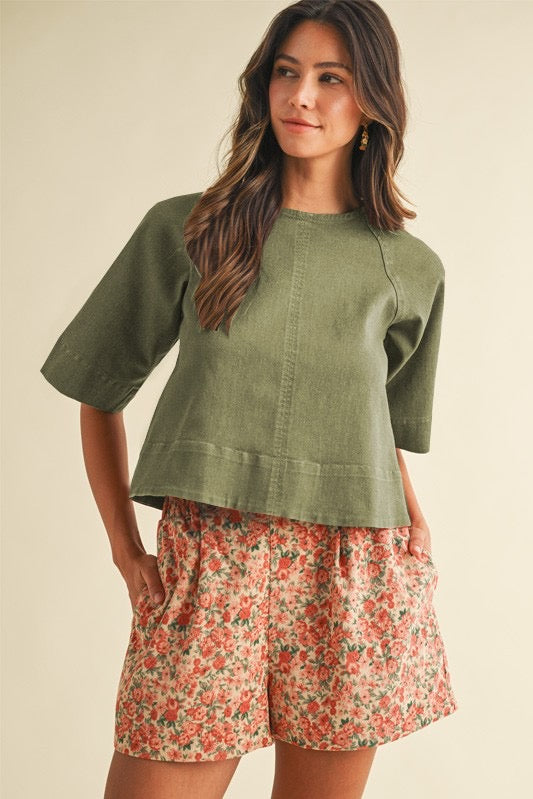 Bow Back Denim Top-Olive