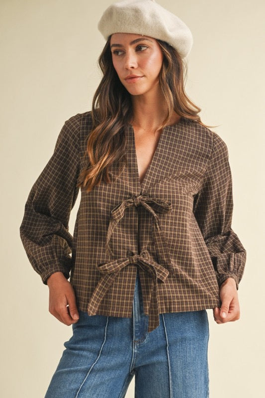 Check Bow Front Blouse