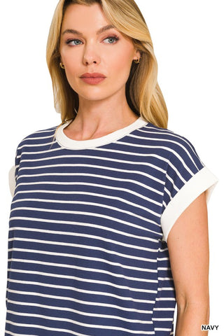 Cap Sleeve Stripe Tee-Navy