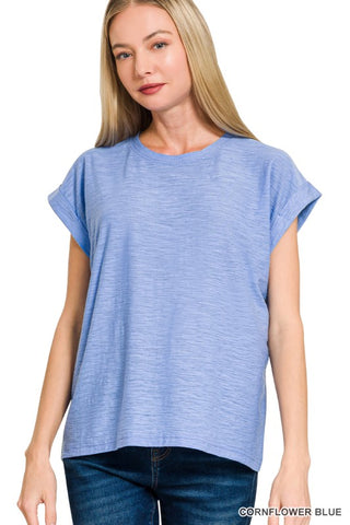Slub Cuffed Sleeve Tee-Cornflower Blue