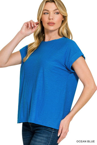 Slub Cuffed Sleeve Tee-Ocean