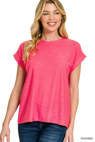 Slub Cuffed Sleeve Tee-Fuchsia