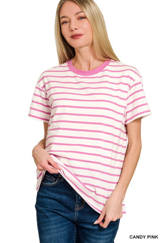 Striped Crew-Candy Pink