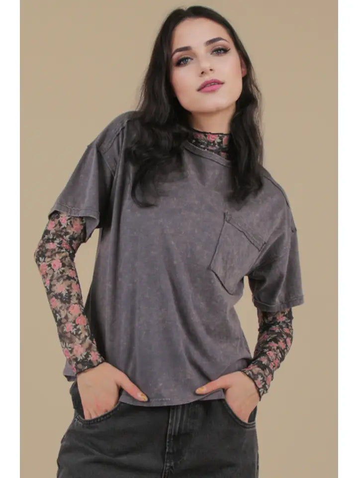 Mineral Wash Pocket Tee-Charcoal