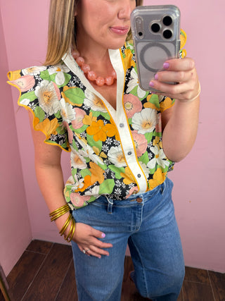 Marigold Florals Flutter Sleeve Top