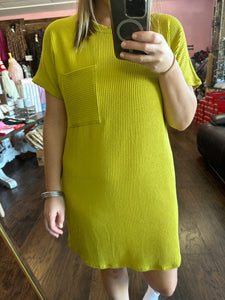 Ribbed Pocket Dress-Chartreuse