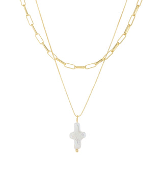 Layered Pearl Cross Necklace