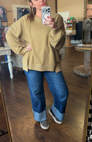 Waffle Pullover-Olive