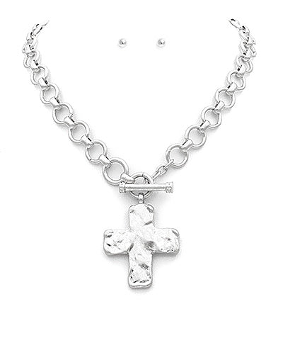 Silver Hammered Cross Toggle Necklace