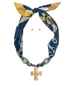 Navy Hammered Cross Scarf Necklace
