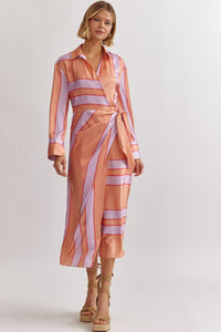 Satin Stripe Wrap Dress