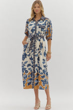 Load image into Gallery viewer, Belted Botanical Blues Dress
