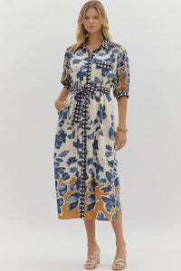 Belted Botanical Blues Dress