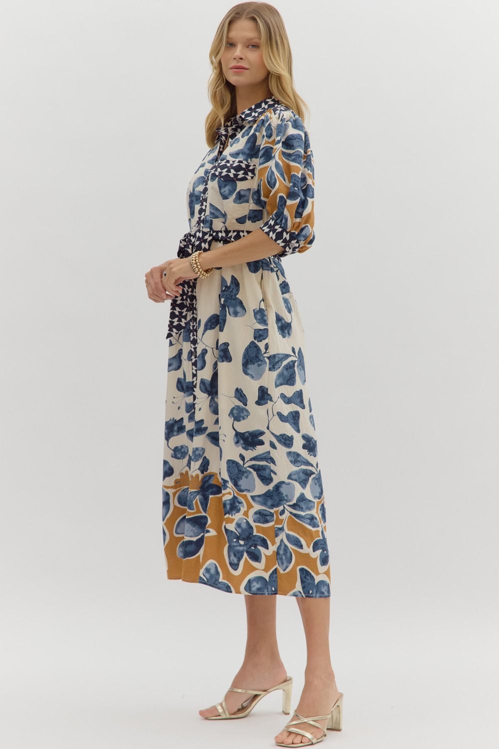 Belted Botanical Blues Dress