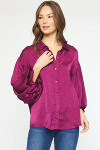 Bubble Sleeve Satin Blouse-Magenta