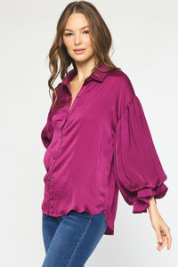 Bubble Sleeve Satin Blouse-Magenta