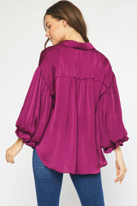 Bubble Sleeve Satin Blouse-Magenta