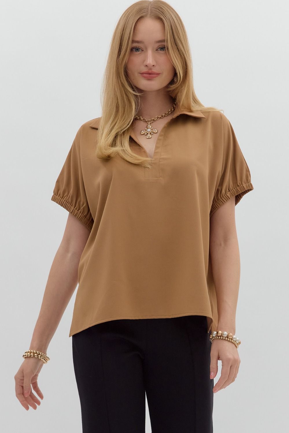 Solid Split Collar Top-Camel