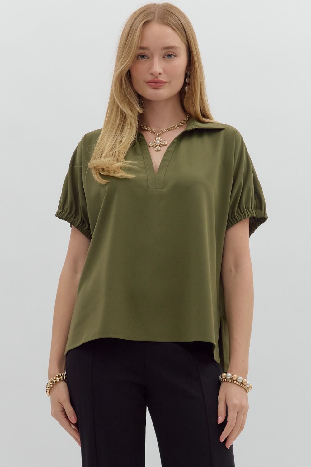 Solid Split Collar Top-Olive