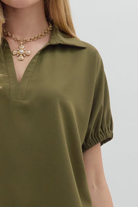 Solid Split Collar Top-Olive