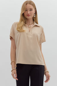 Solid Split Collar Top-Ecru