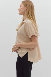 Solid Split Collar Top-Ecru