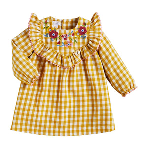 Mustard Gingham Embroidered Dress