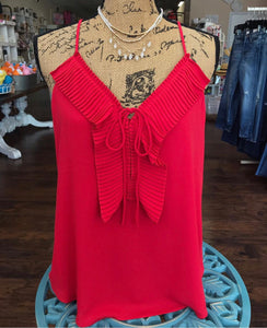 Red Pleated Ruffle Tank
