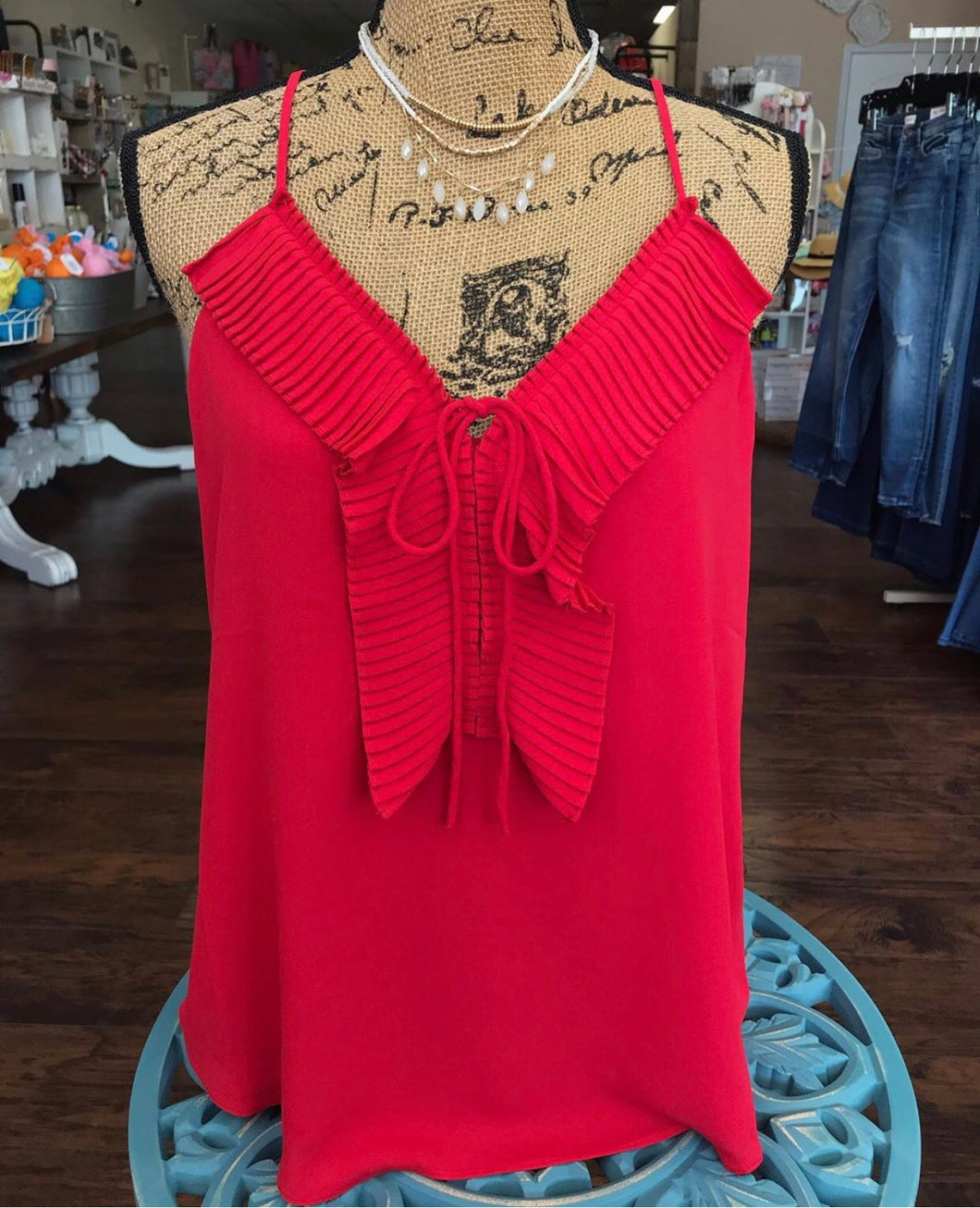 Red Pleated Ruffle Tank